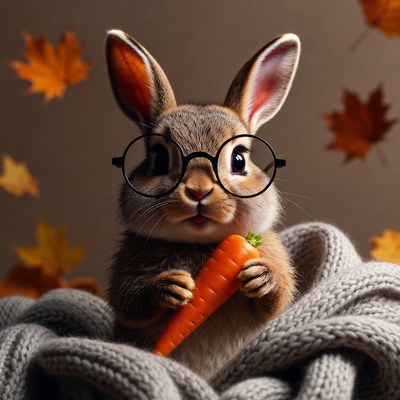 Cute bunny with glasses holding carrot