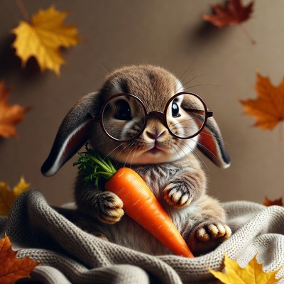 Cute bunny with glasses holding carrot