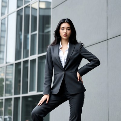 Asian woman in business suit by glass building