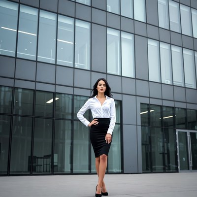 Business woman standing before glass building