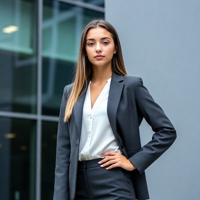 Young woman in gray business suit