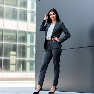 Business woman in gray suit posing