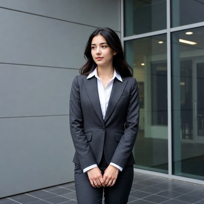 Asian woman in business suit outside