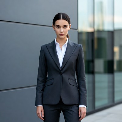 Woman in gray suit against building