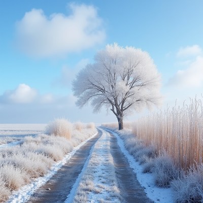 Snowy Tree Beside Frosty Road