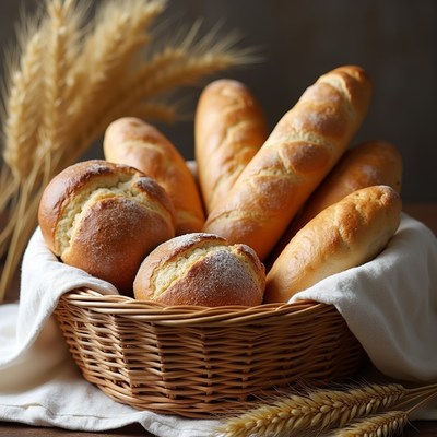 Baguettes and Rolls in Wicker Basket