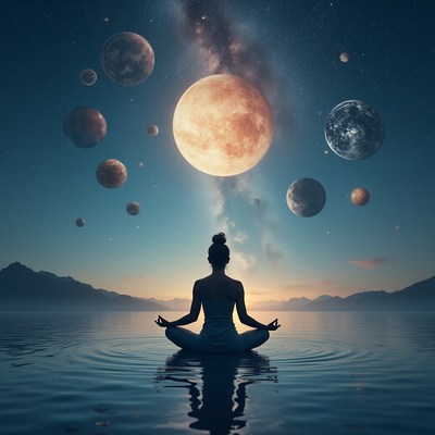 Woman meditating on water with planets