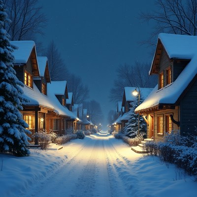 Snowy Street Lined with Lit Cabins