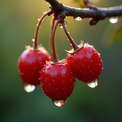 Red berries with dew on branch
