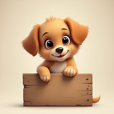 Cute puppy peeking over wooden sign