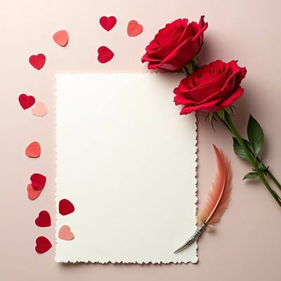 Blank Card with Red Roses and Hearts