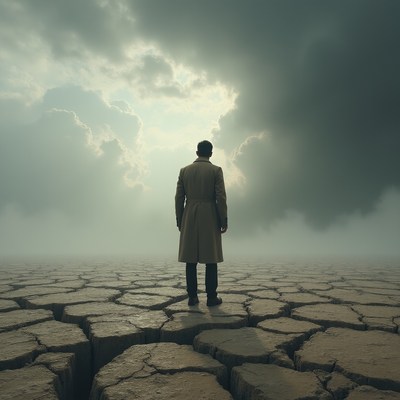 Man standing on cracked ground