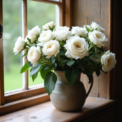 White Roses in Jug by Window