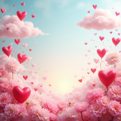 Pink Heart Balloons and Flowers