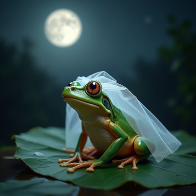 Green Frog in Wedding Veil on Lily Pad