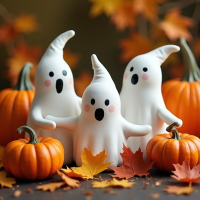 Three Cute Ghost Figurines with Pumpkins
