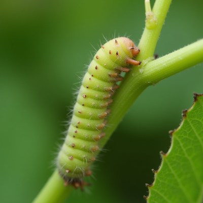 Green caterpillar on leaf stem