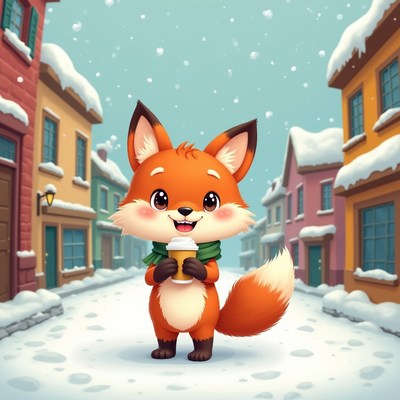 Cute Fox Holding Coffee in Snowy Street