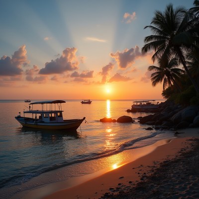 Sunset Beach with Fishing Boats