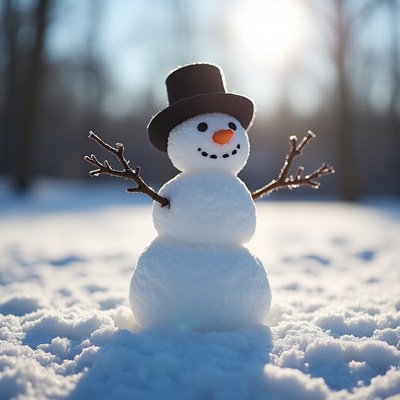 Snowman with top hat in snowy field