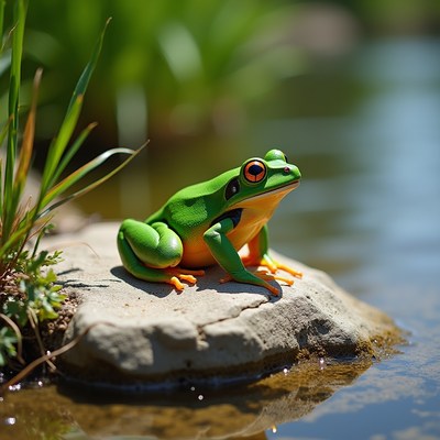 Green tree frog on rock by water