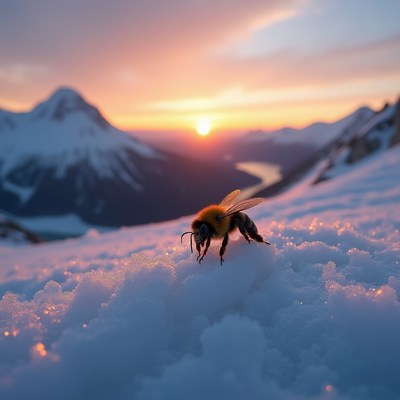 Bumblebee on snow with sunset mountains
