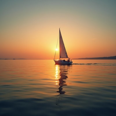 Sailboat on calm water at sunset