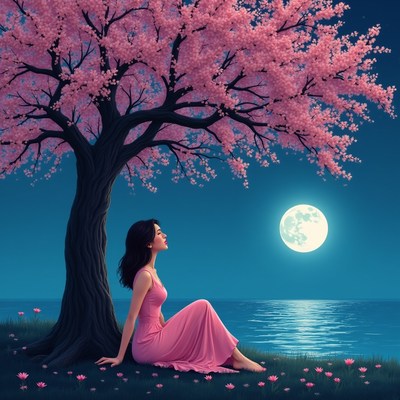 Woman sitting under pink cherry blossom tree
