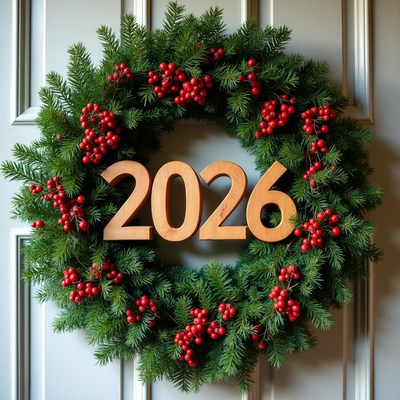 Christmas Wreath with 2026 on Door
