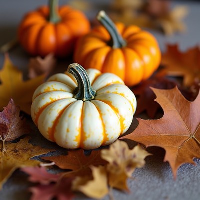 Orange Pumpkins with Fall Leaves