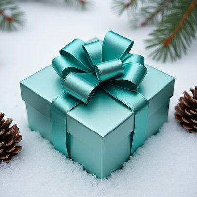 Turquoise Gift Box with Bow on Snow
