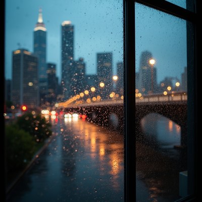 Rainy City Skyline Through Window