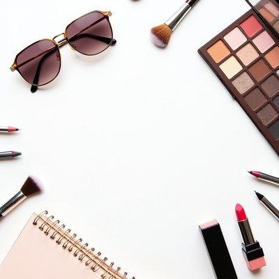 Makeup brushes and eyeshadow palette flat lay