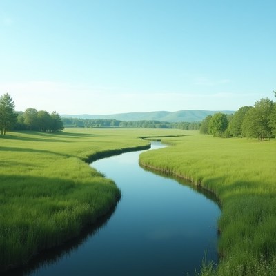 Winding River in Green Meadow