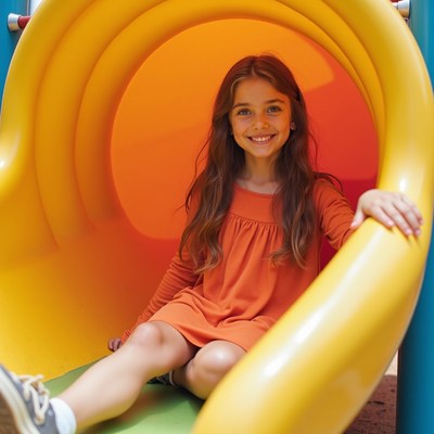 Girl smiling in yellow playground slide