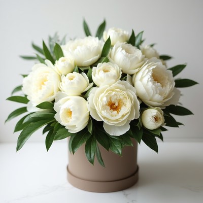 White Peonies Bouquet in Brown Box