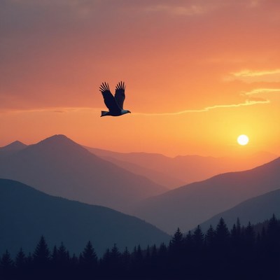 Bald Eagle Flying at Sunset