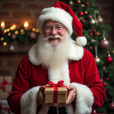 Smiling Santa holding Christmas gift