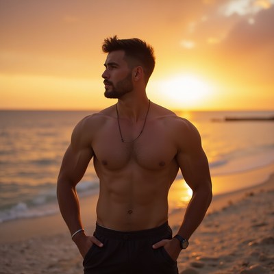 Muscular man at sunset beach