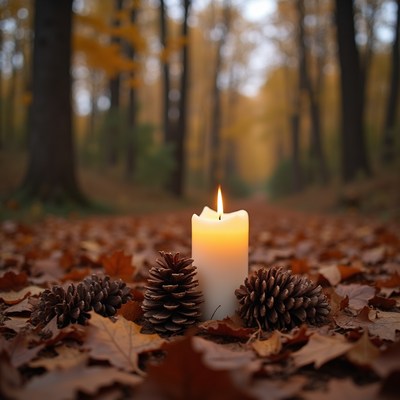 Lit Candle with Pine Cones on Autumn Leaves
