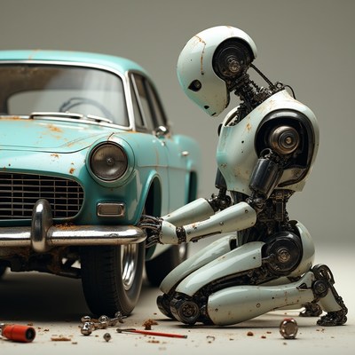 Robot repairing vintage turquoise car