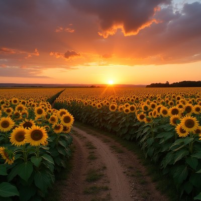 Sunflower Field Path at Sunset