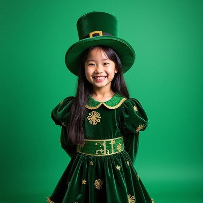 Asian girl in green leprechaun costume