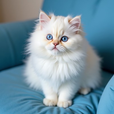 Fluffy white Persian kitten on blue chair