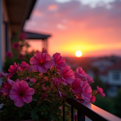 Pink Geraniums on Balcony at Sunset