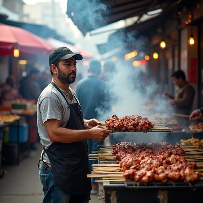 Man grilling skewers at night market