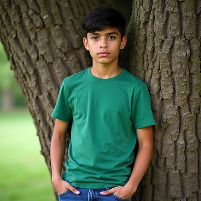 Boy leaning against tree