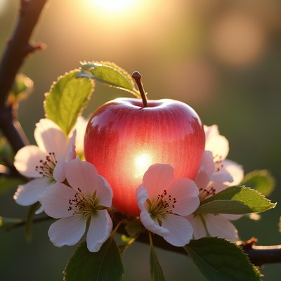 Red Apple on Blossoms at Sunset