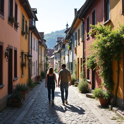 Couple walking hand-in-hand in colorful alley