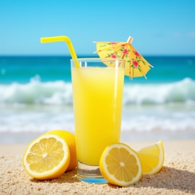 Lemonade with Straw and Umbrella on Beach